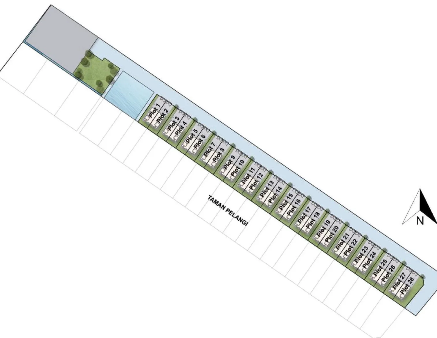 Site plan of the 28 single-storey semi-detached plots at Taman Pelangi, Simpang Lima, Kuala Kurau, Perak, by KY Maju Development Sdn Bhd