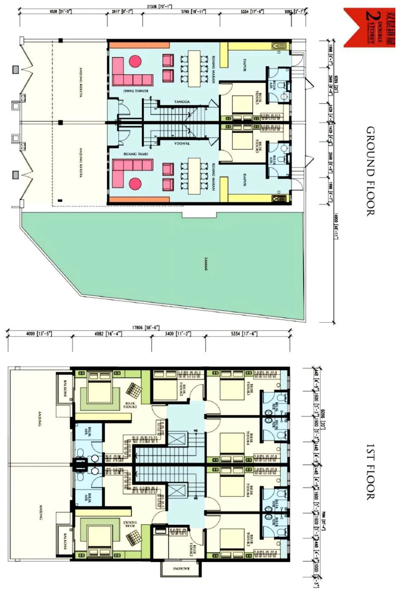 Ground and first floor plans of a double-storey terrace pair at Taman Sejahtera, Kuala Kangsar, Perak