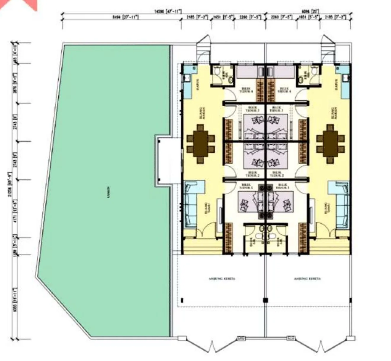 Floor plan of a single-storey terrace pair at Taman Sejahtera, Kuala Kangsar, Perak