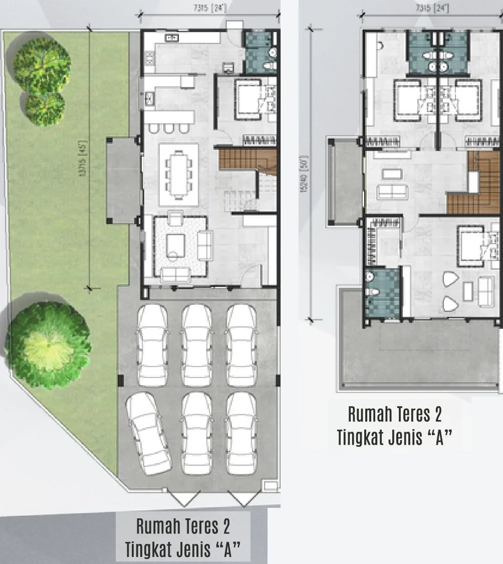 Taman Selayang Jaya Type A two-storey end-terrace floor plan, 24 ft wide, ground floor with side garden and upper floor, Butterworth, Penang