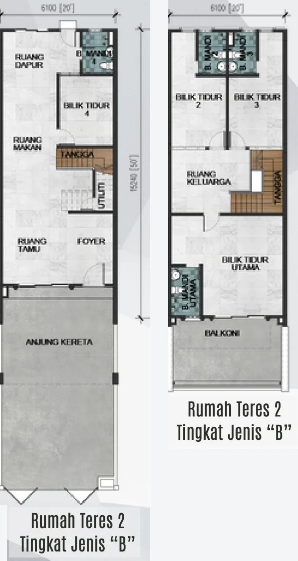 Taman Selayang Jaya Type B two-storey terrace floor plan, 20 ft wide, ground floor and upper floor with four bedrooms and four bathrooms, Butterworth, Penang