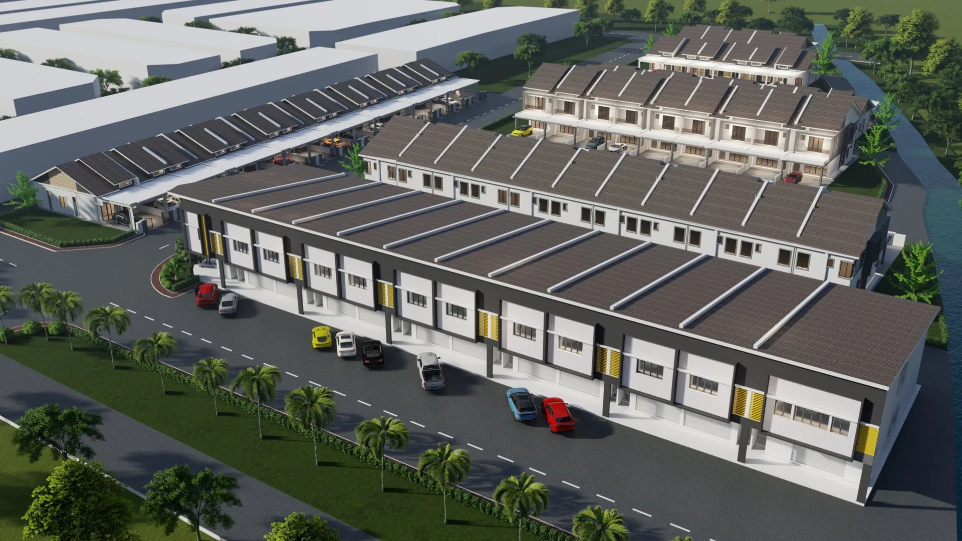 Aerial artist's impression of the shop offices and terraces at Taman Serai Emas, Bagan Serai, Perak