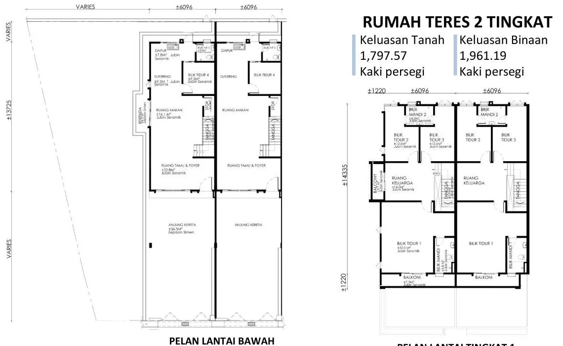Ground and first floor plans of the double-storey terrace house at Taman Serai Emas, Bagan Serai, Perak