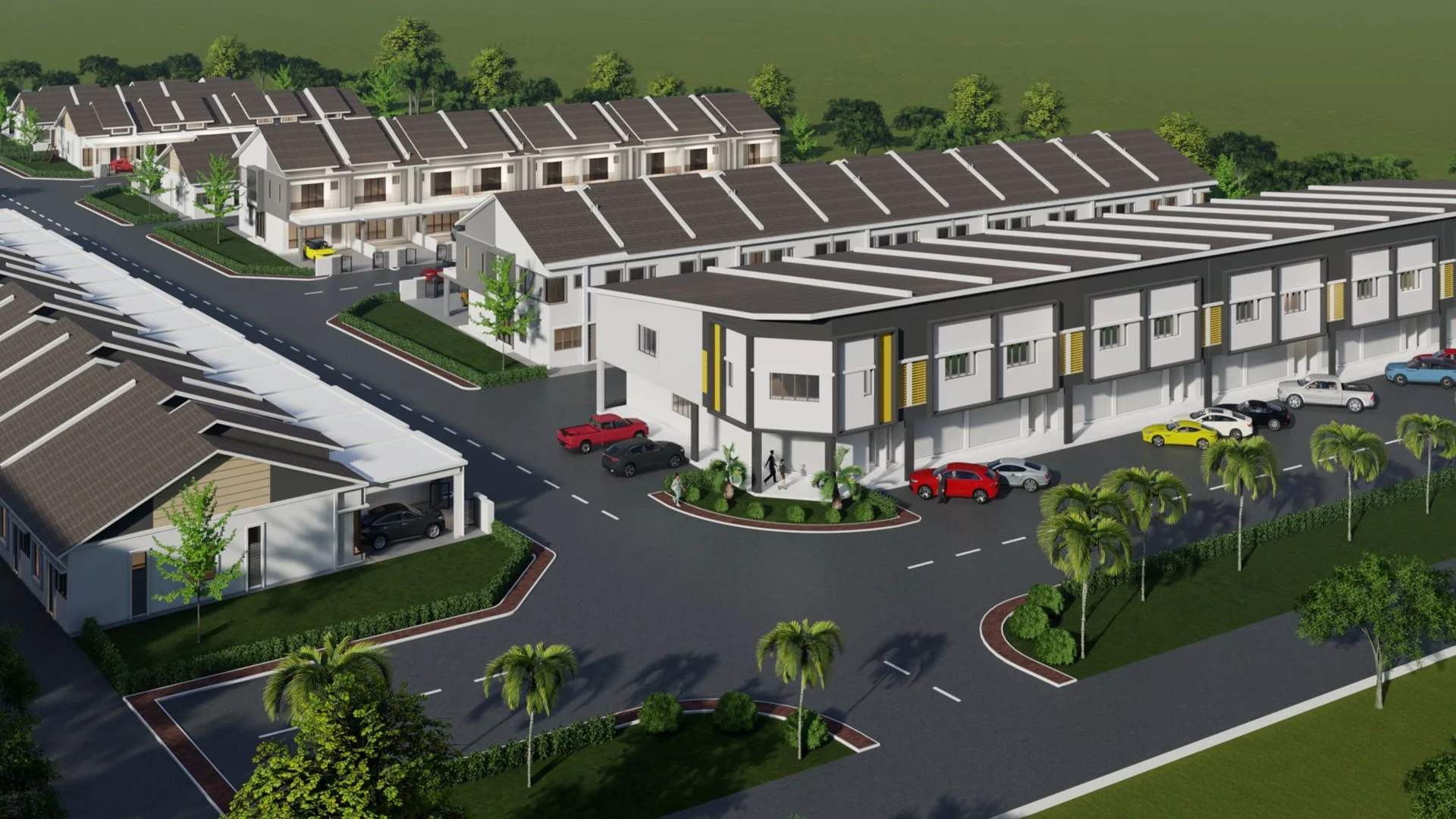Aerial artist's impression of Taman Serai Emas by KY Maju Development Sdn Bhd (Kimyong Group): shop offices, double- and single-storey terraces, Bagan Serai, Kerian, Perak