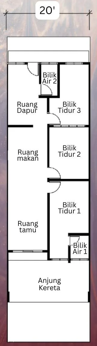 Floor plan of the 20 by 47 foot single-storey terrace house at Taman Serai Merbau 3, Bagan Serai, Perak: 3 bedrooms, 2 bathrooms