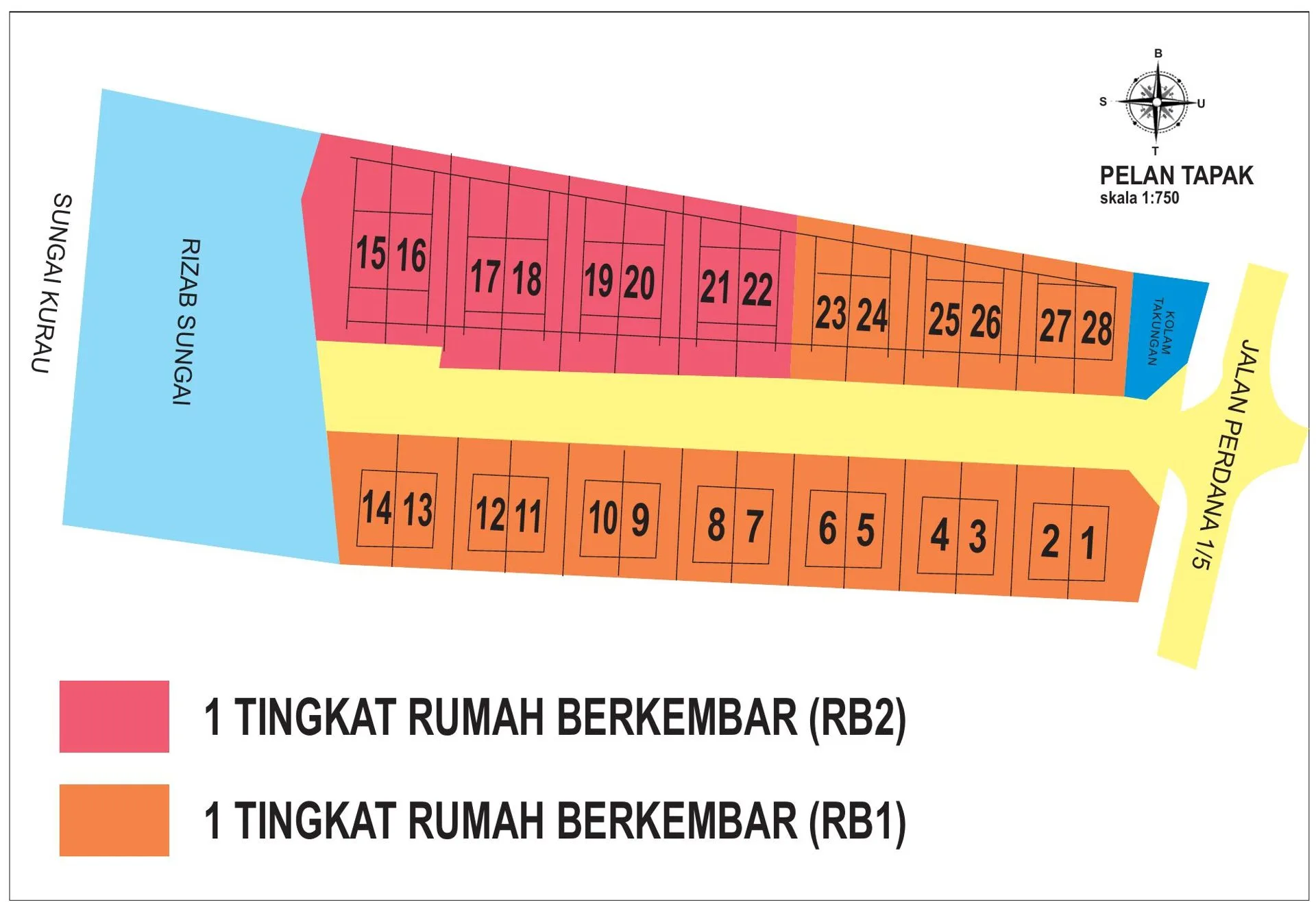 Site plan of Taman Serai Perdana single-storey semi-detached houses, plots 1 to 28, types RB1 and RB2, beside Sungai Kurau, Bagan Serai, Perak