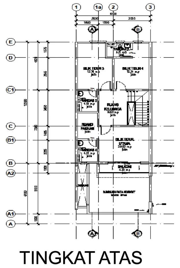 Taman Seri Bedu 双层排屋楼上平面图，三间卧房与家庭厅，槟城打昔牛汝莪