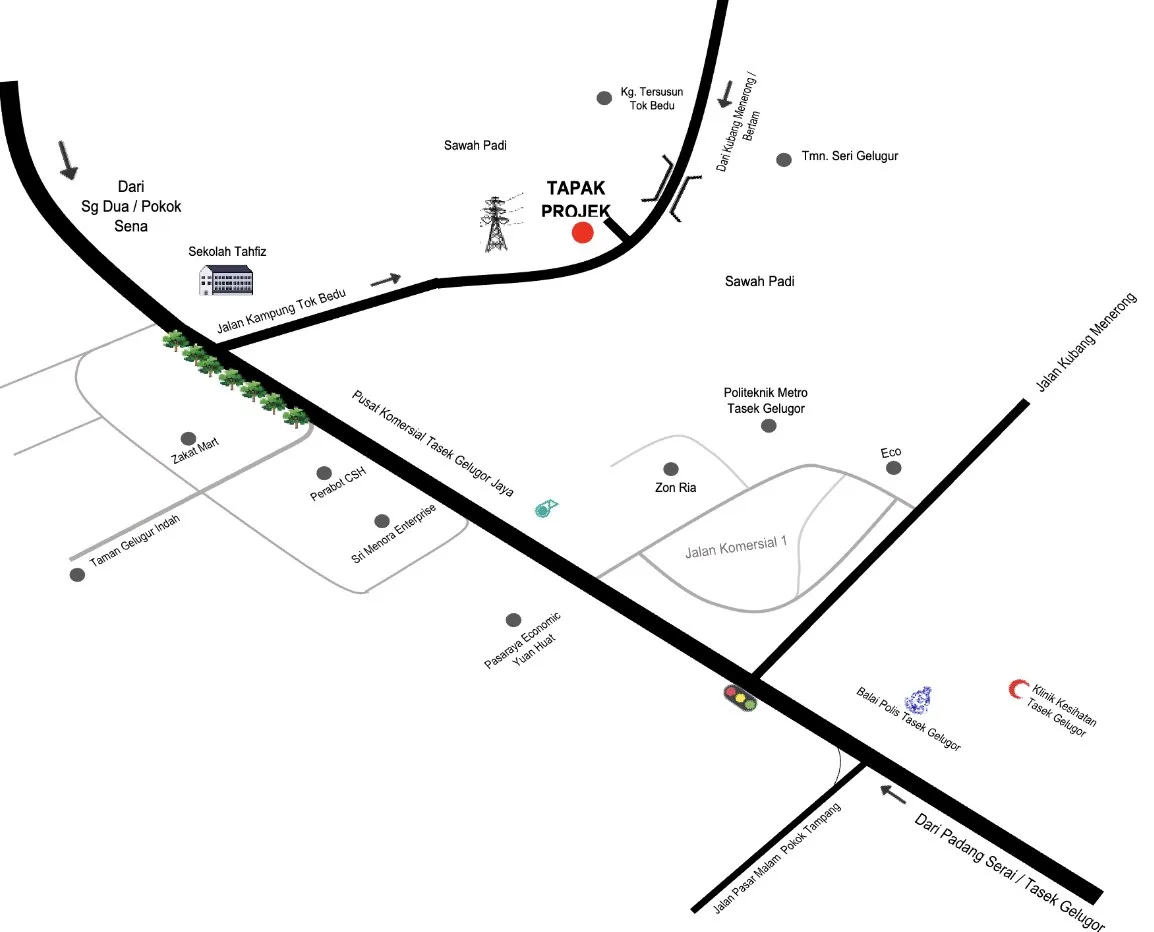 Taman Seri Bedu 位置图，项目地点在 Jalan Kampung Tok Bedu 旁，槟城打昔牛汝莪