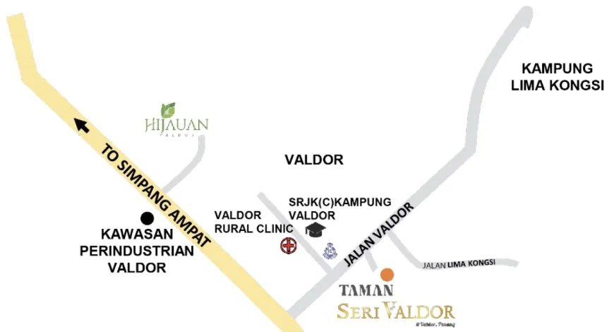 Taman Seri Valdor location plan showing Jalan Valdor, Jalan Lima Kongsi and the road to Simpang Ampat, Sungai Bakap, Penang