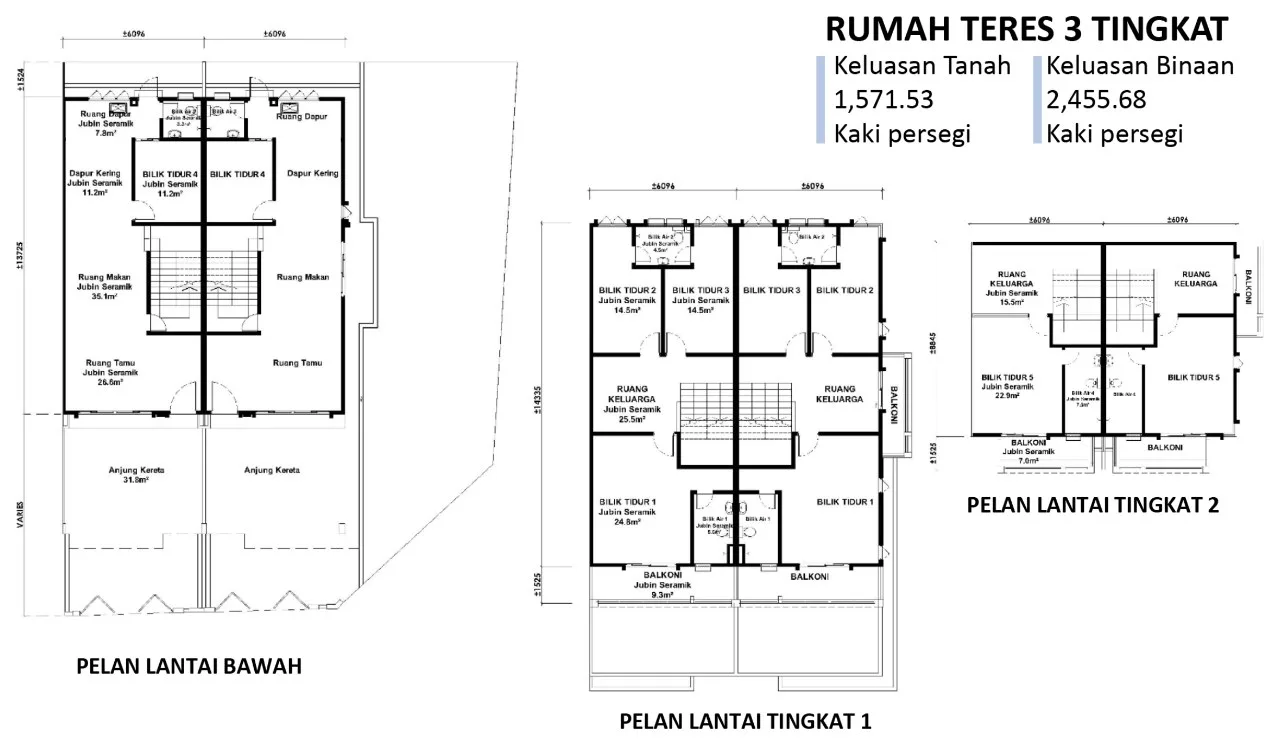 Taman Seri Valdor three-storey terrace floor plan, ground, first and second floors, 2,455.68 sq ft built-up, Sungai Bakap, Penang