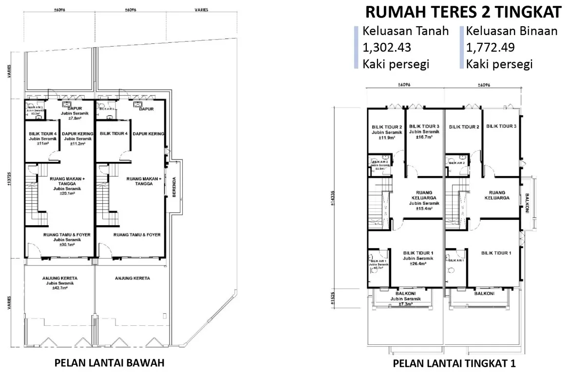 Taman Seri Valdor two-storey terrace floor plan, ground floor and first floor, 1,772.49 sq ft built-up, Sungai Bakap, Penang