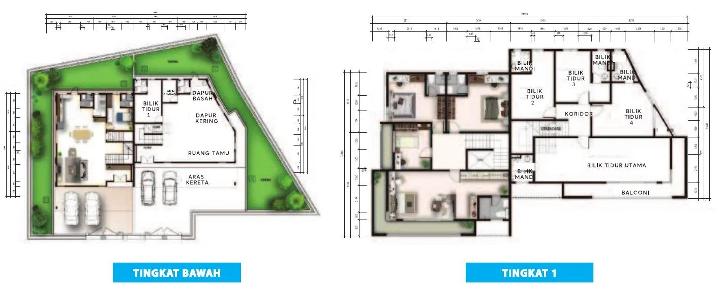 Ground and first floor plans of the double-storey semi-detached houses, Types D1 and D2, at Taman Simpang Permaisuri, Simpang, Taiping, Perak