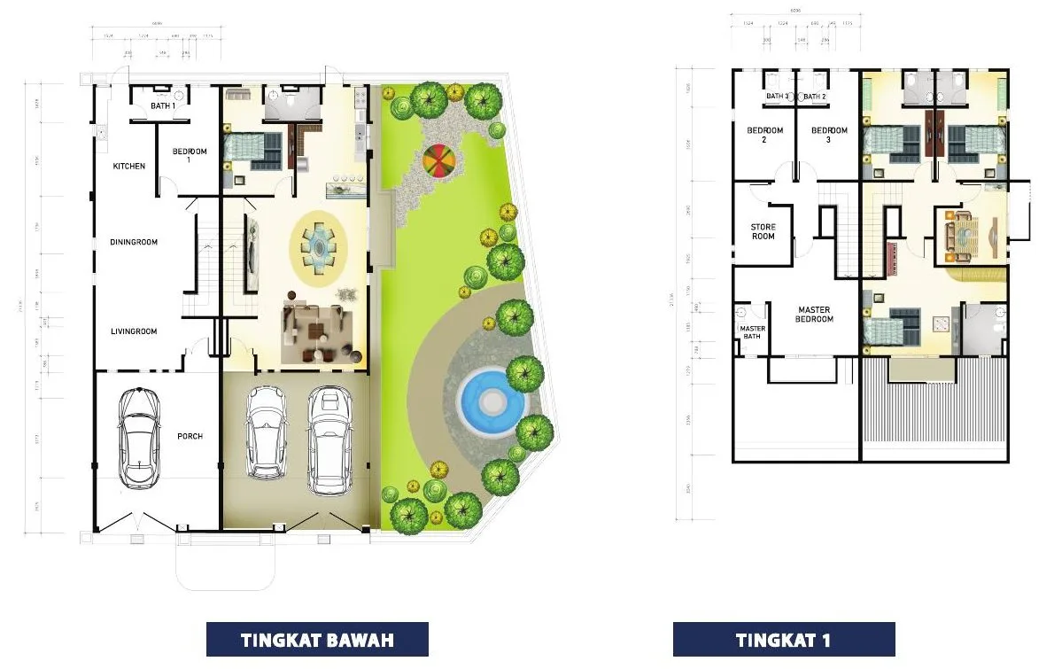 Ground and first floor plans of the double-storey terrace house at Taman Simpang Permaisuri, Simpang, Taiping, Perak