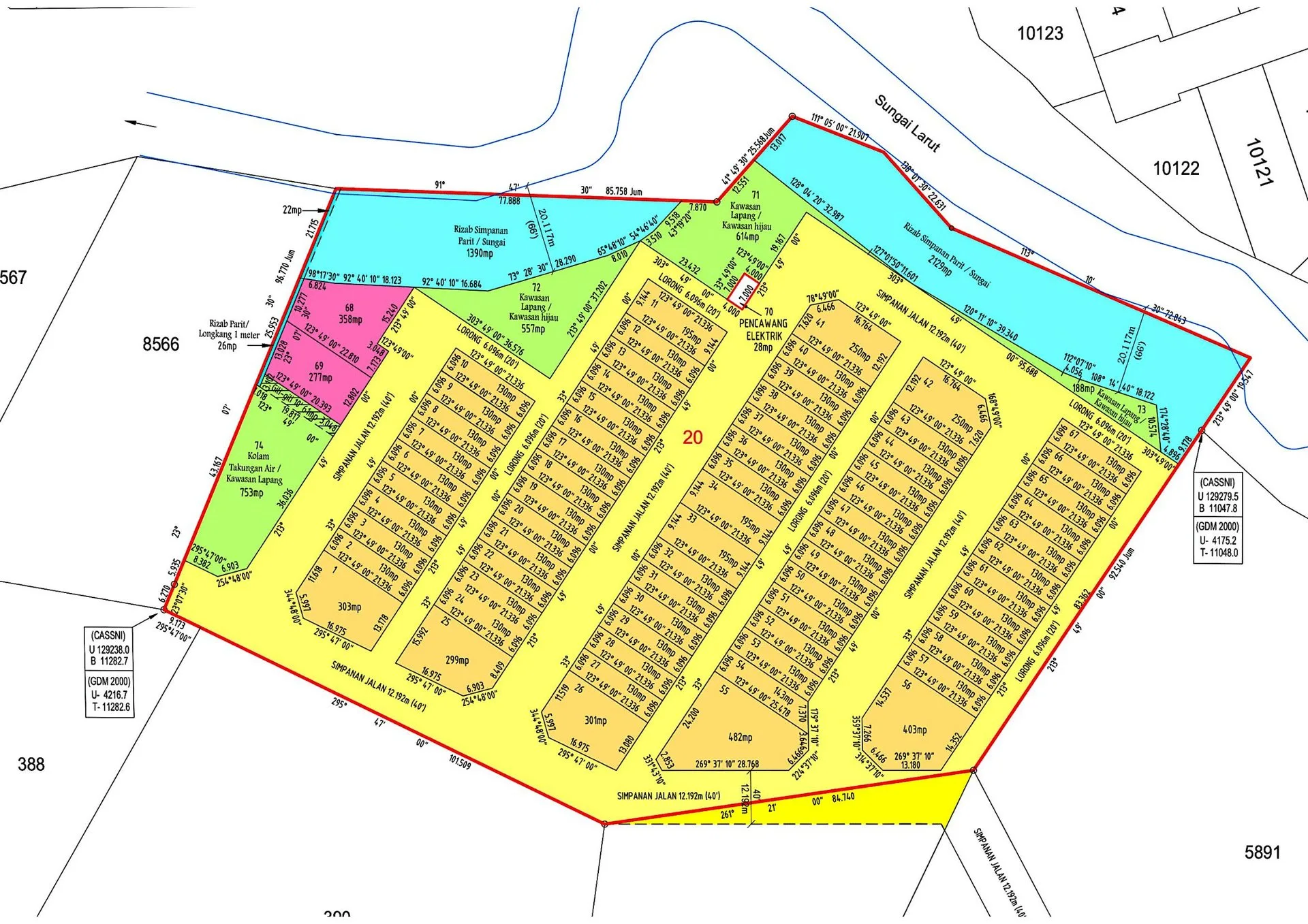 Subdivision layout plan of Taman Simpang Permaisuri showing 67 terrace lots, 2 semi-detached lots, open space and reserves beside Sungai Larut, Simpang, Taiping, Perak
