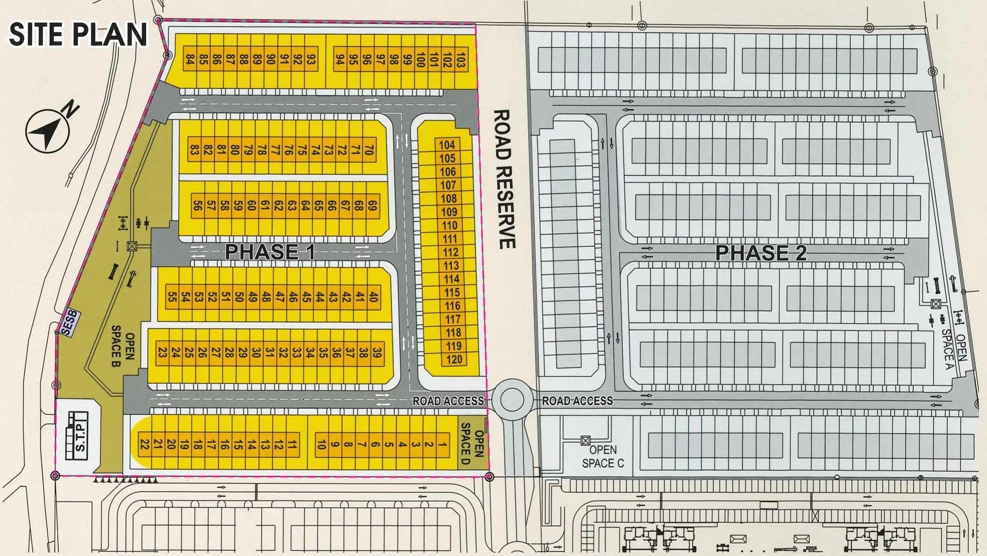 Site plan — Phase 1 lots 1 to 120, with Phase 2 in outline, from the developer’s brochure at Taman Suria Jaya, Mile 6, Sandakan, Sabah