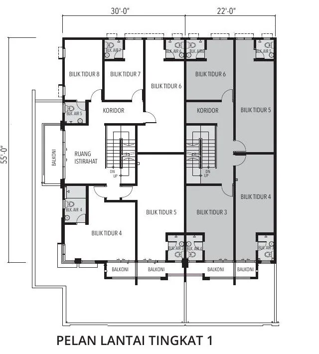 First floor plan of the corner and intermediate three-storey terrace houses at Taman Universiti, Tanjung Malim, Perak