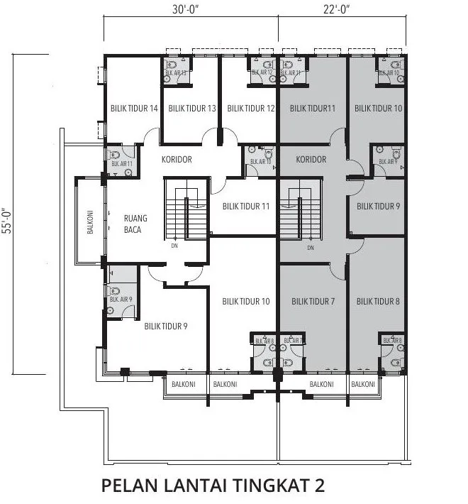 Second floor plan of the corner and intermediate three-storey terrace houses at Taman Universiti, Tanjung Malim, Perak