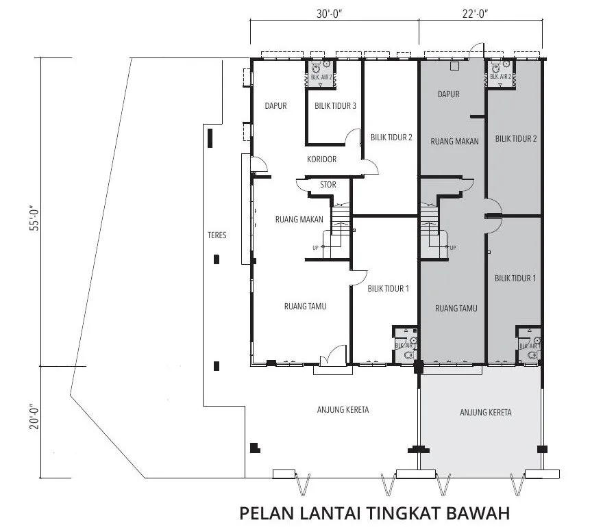 Ground floor plan of the corner and intermediate three-storey terrace houses at Taman Universiti, Tanjung Malim, Perak