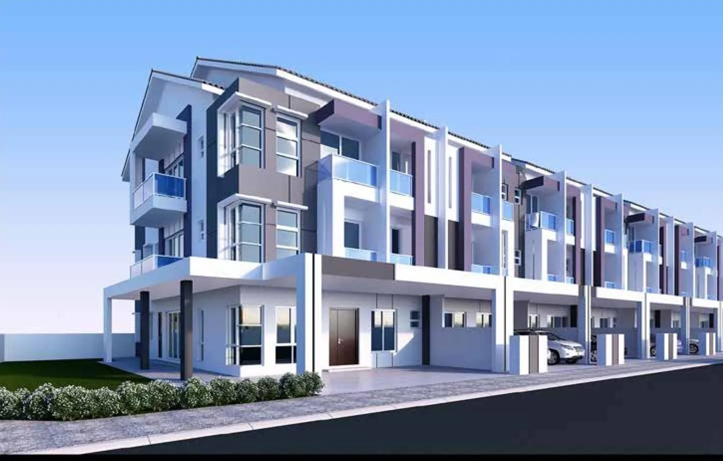 Artist's impression of the row of six three-storey terrace houses at Taman Universiti by Bioworld Creations Sdn Bhd, Tanjung Malim, Muallim district, Perak