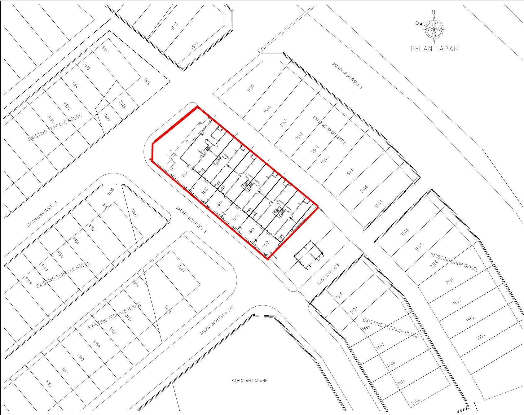 Developer's site plan (Pelan Tapak) of Taman Universiti lots 7613 to 7618 on Jalan Universiti 2, Tanjung Malim, Perak
