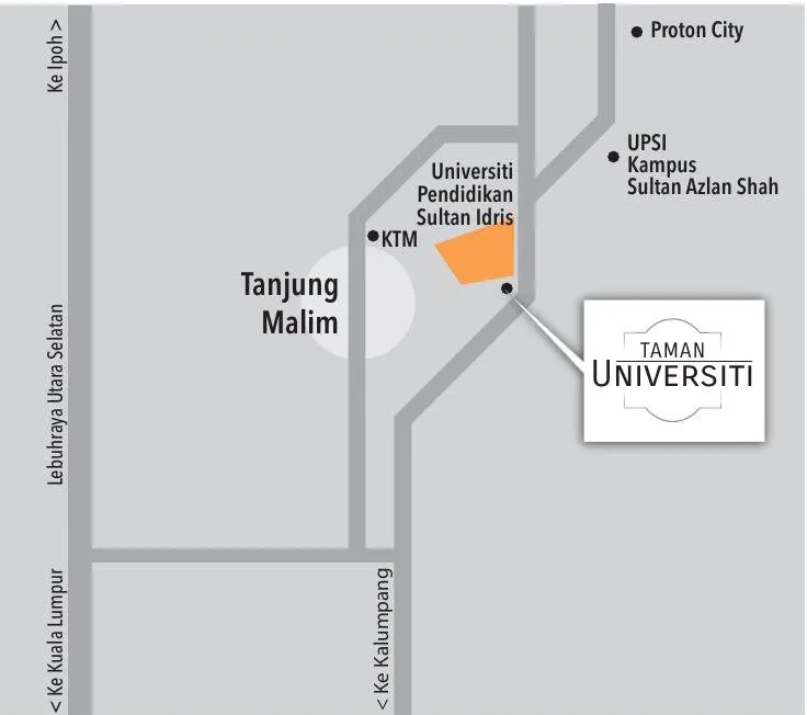 Developer's location map of Taman Universiti near UPSI, the KTM station and Proton City, Tanjung Malim, Perak