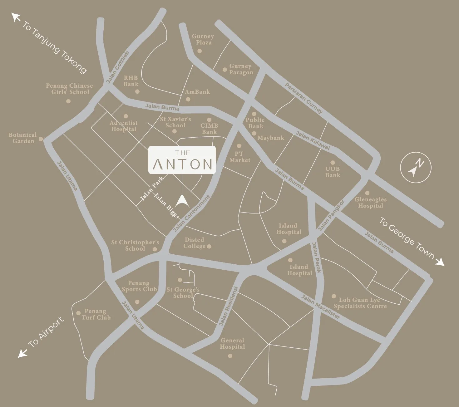 The Anton location map showing Jalan Cantonment, Jalan Burma, Gurney Drive and the nearby schools and hospitals, Pulau Tikus, Penang