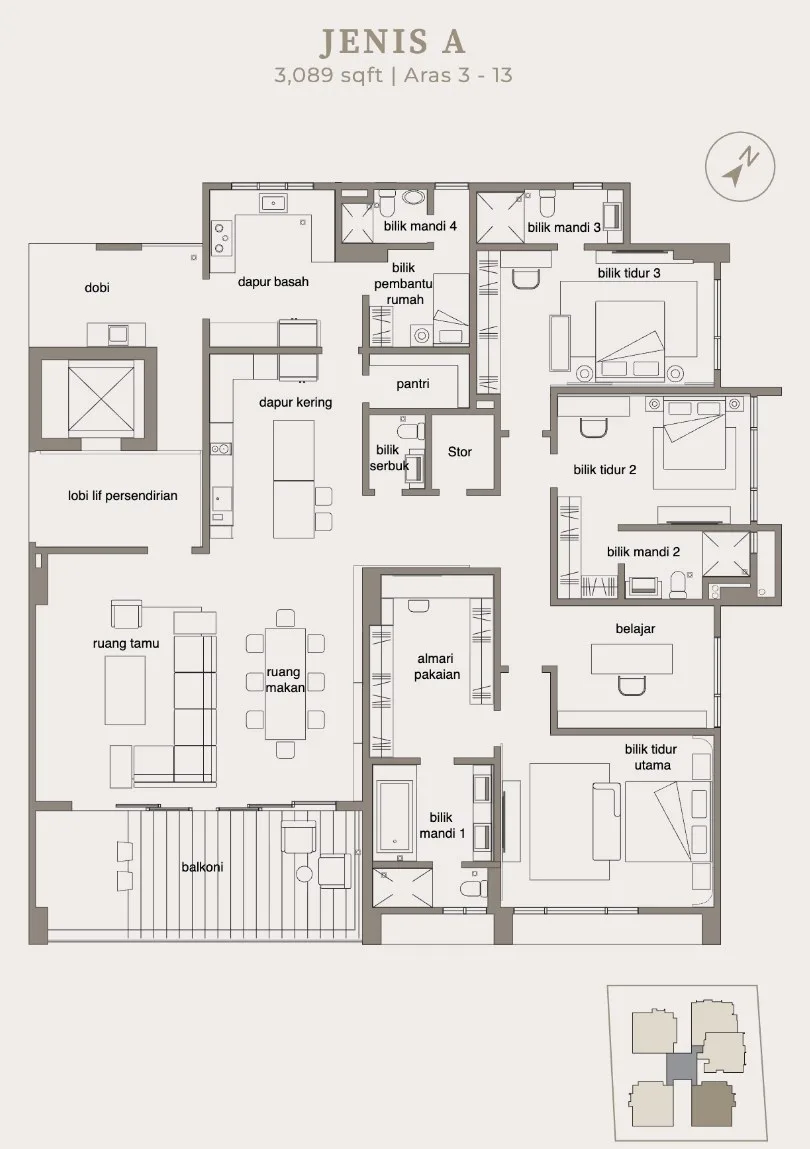 The Anton Type A floor plan, 3,089 sq ft, Levels 3 to 13, Pulau Tikus, Penang — from the developer's advertisement filed with the government register