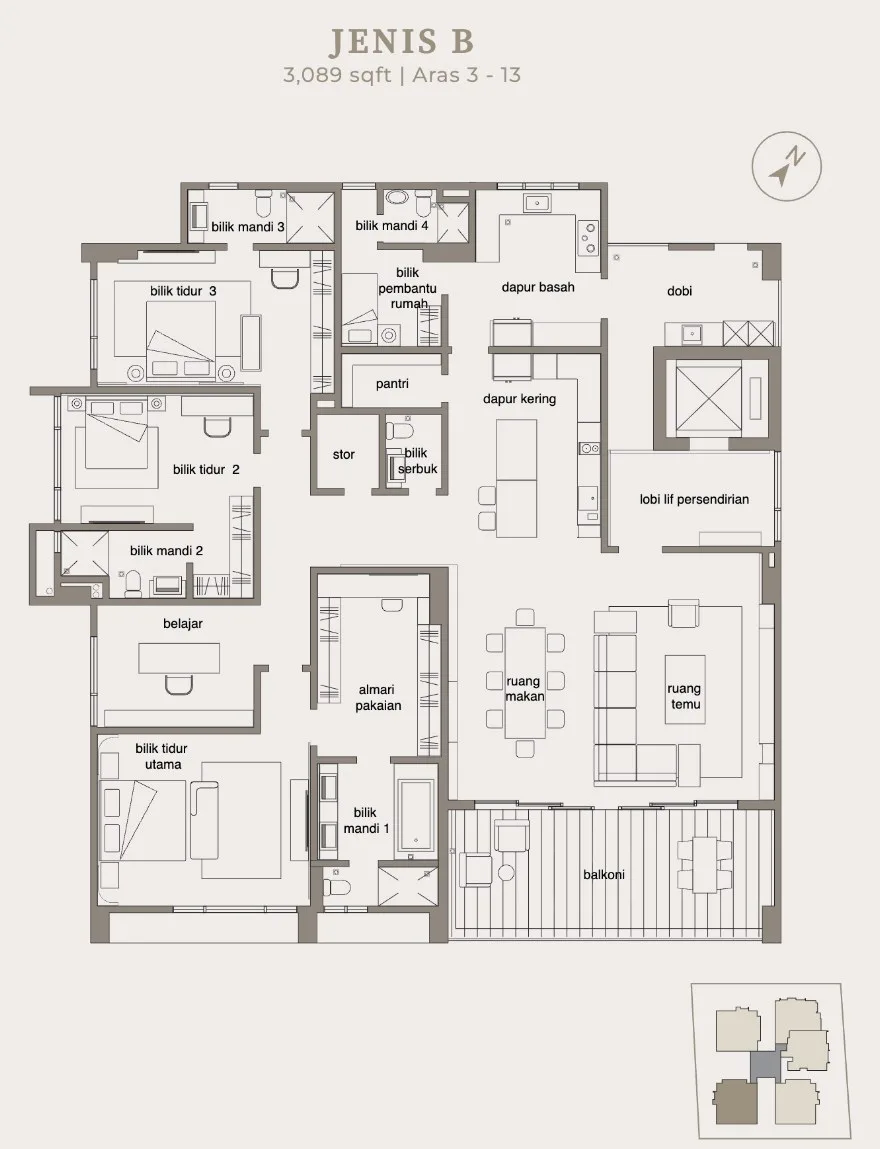 The Anton Type B floor plan, 3,089 sq ft, Levels 3 to 13, Pulau Tikus, Penang — from the developer's advertisement filed with the government register