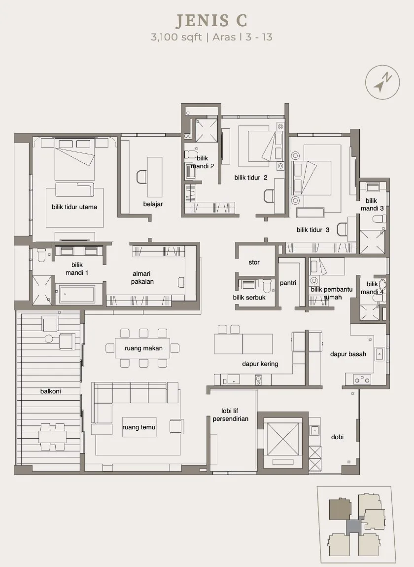 The Anton Type C floor plan, 3,100 sq ft, Levels 3 to 13, Pulau Tikus, Penang — from the developer's advertisement filed with the government register