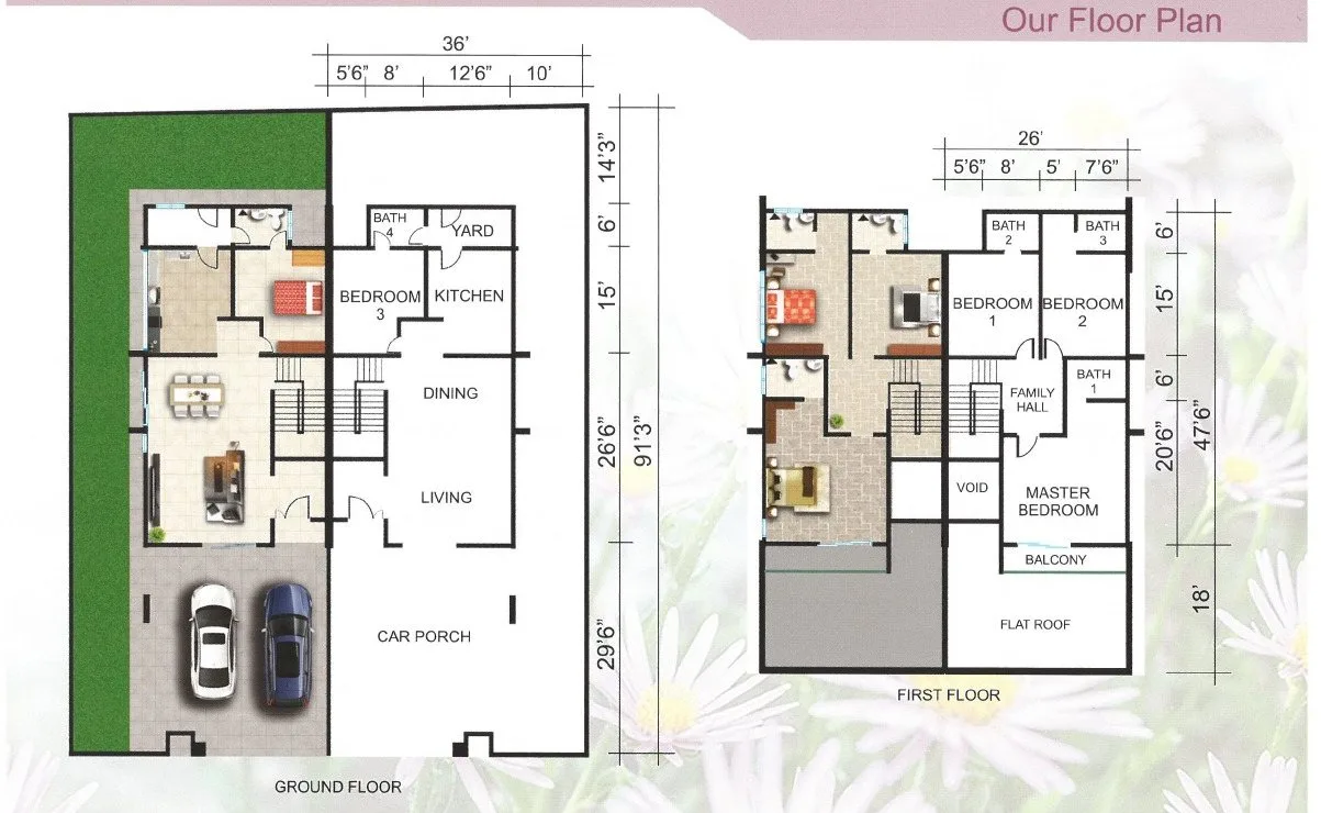 Ground and first floor plan of the 36 ft wide semi-detached house at The Aster @ Taman Sinfar by Constant Builder Sdn Bhd, Jalan Pasir Puteh, Ipoh, Perak
