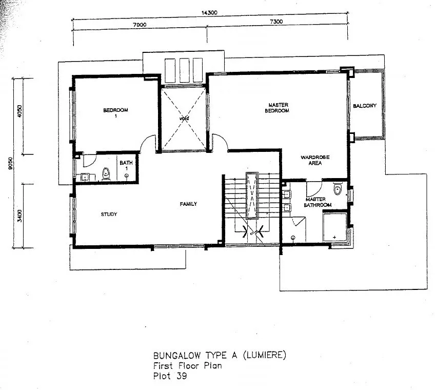 First floor plan with master bedroom, bedroom 1, study and family area, Lumiere bungalow Plot 39, The Enclave, Ipoh