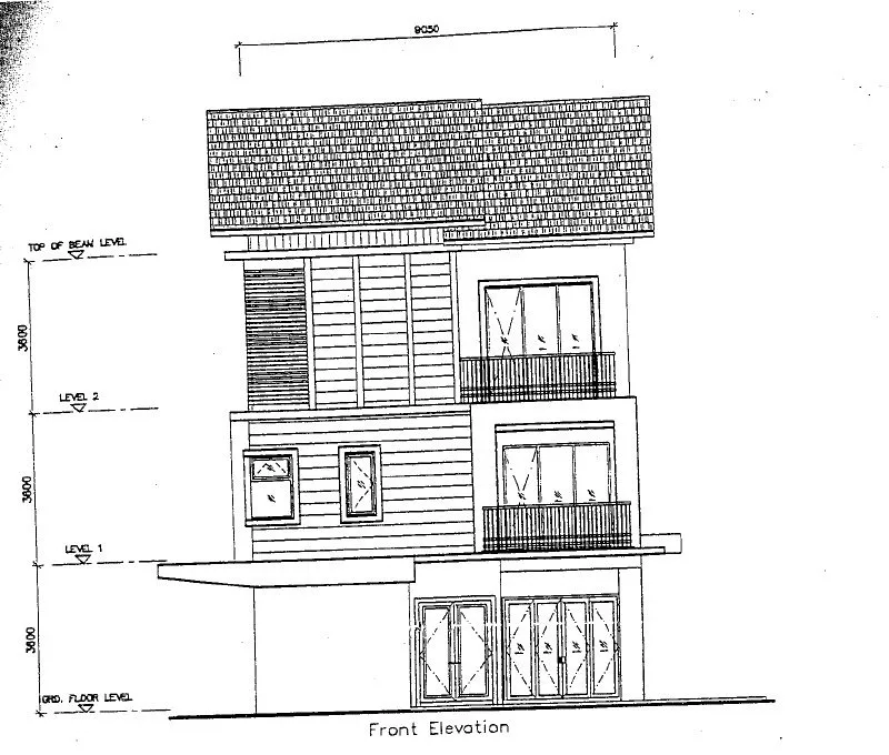 Front elevation drawing of the Type A1 (Lumiere) three-level bungalow, Plot 39, The Enclave, Tiger Lane, Ipoh, Perak