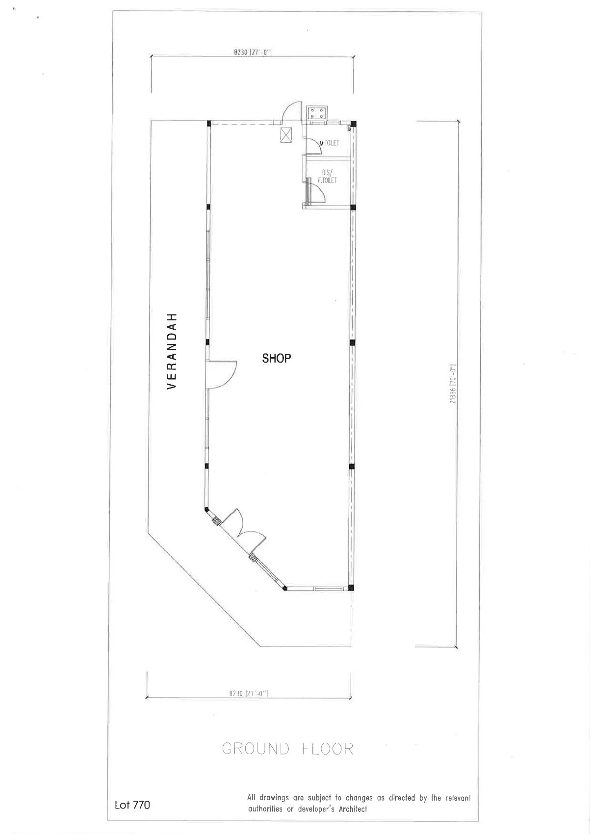 Ground floor plan of corner shop lot 770 with side verandah at The Galleria, Waterfront City, Lahat, Ipoh, Perak