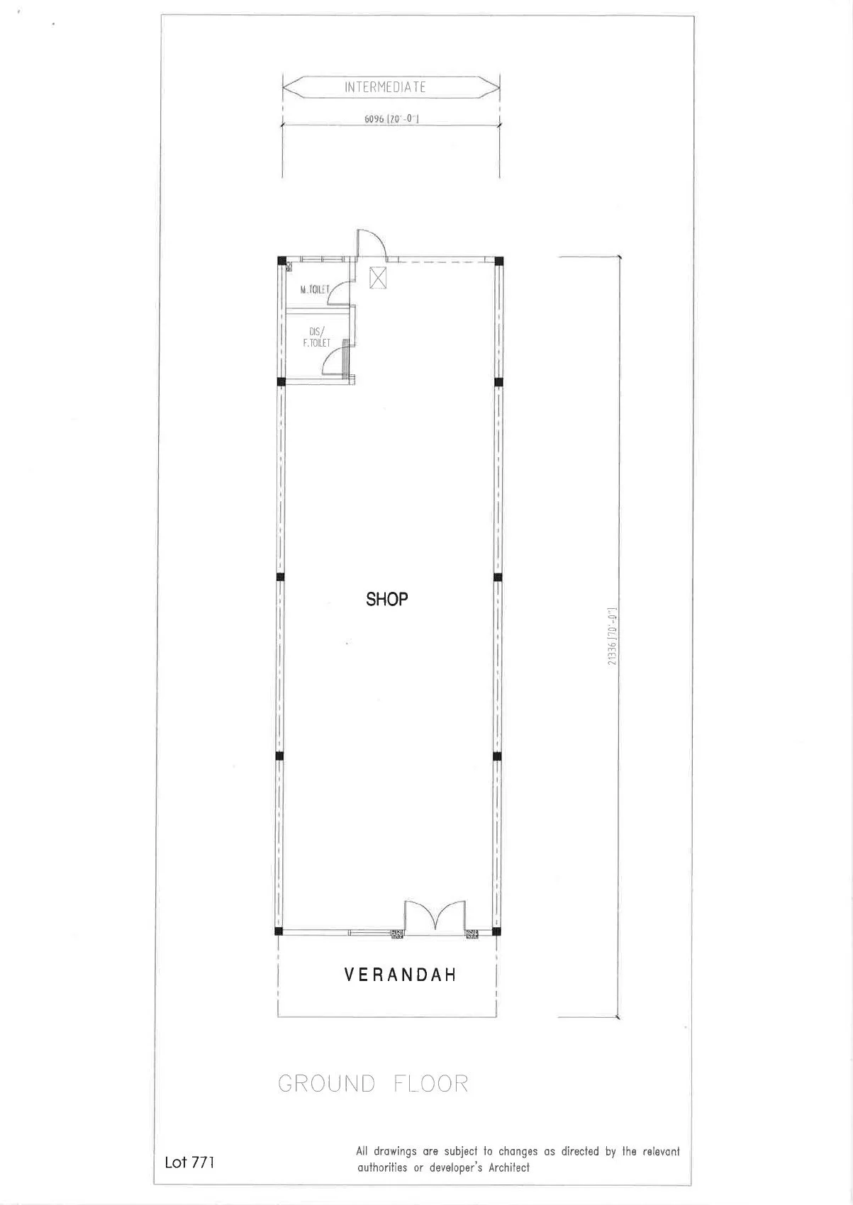 Ground floor plan of intermediate 20 x 70 ft shop lot (Lot 771) at The Galleria by Excellent Realty, Waterfront City, Lahat, Ipoh, Perak