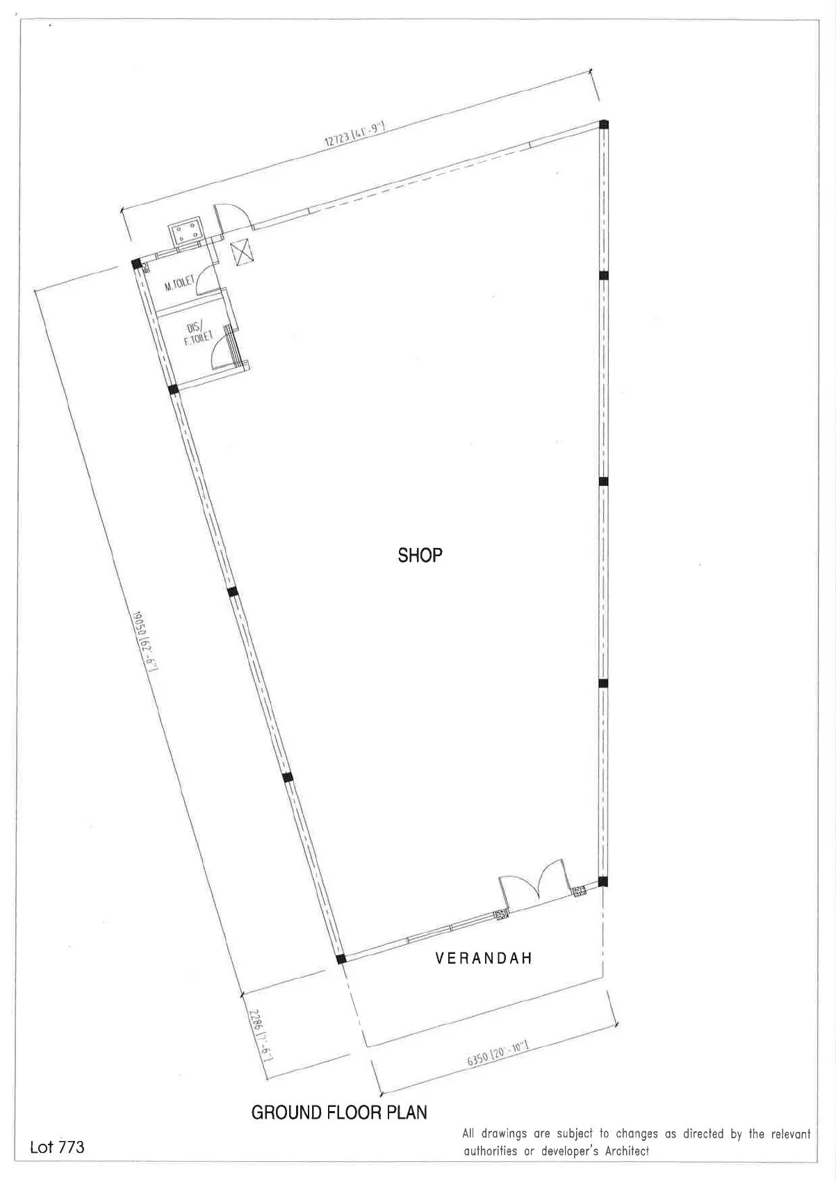 Ground floor plan of wedge-shaped shop lot 773 at The Galleria, Waterfront City, Lahat, Ipoh, Perak
