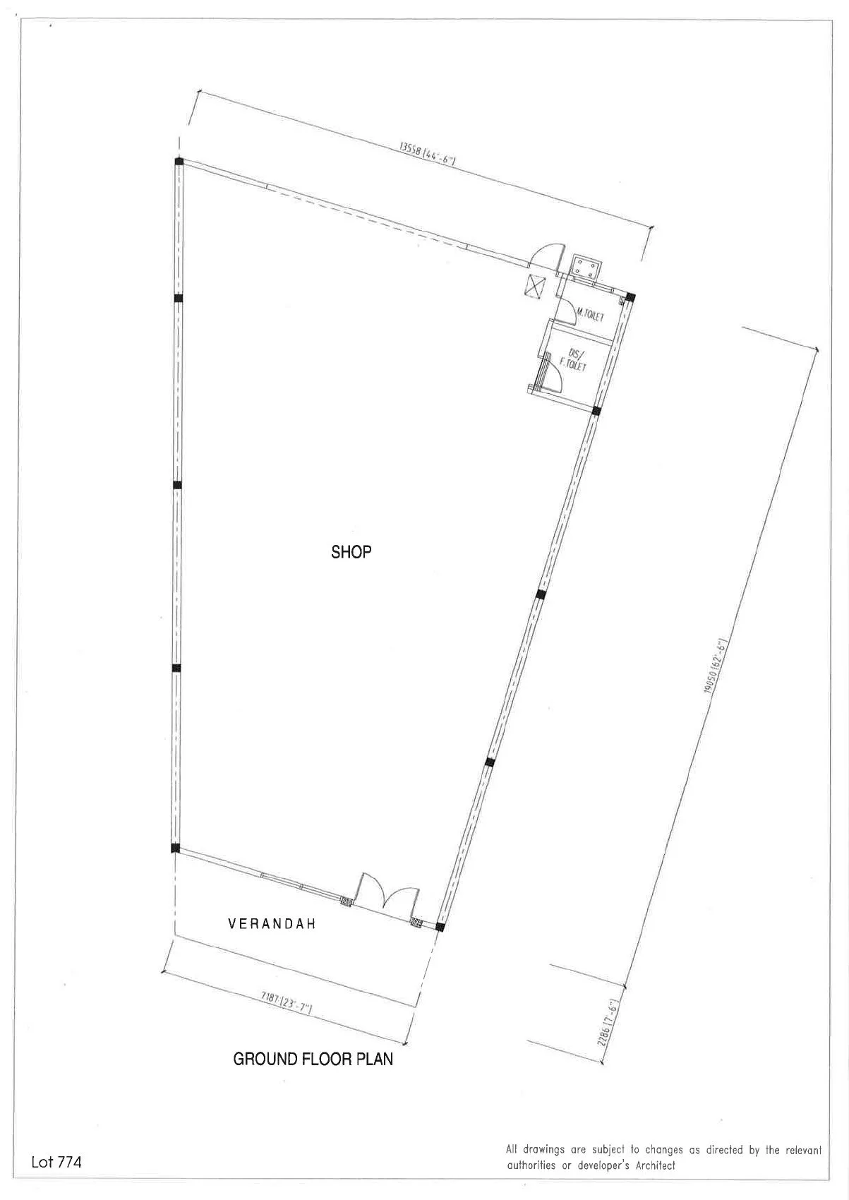 Ground floor plan of wedge-shaped shop lot 774 at The Galleria, Waterfront City, Lahat, Ipoh, Perak