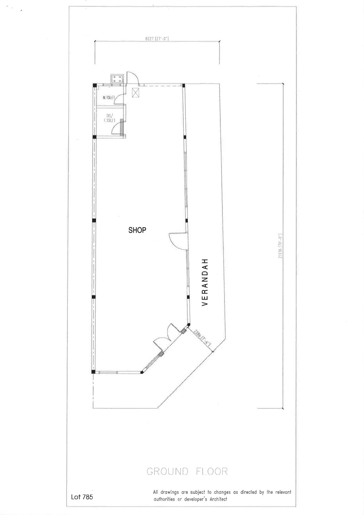Ground floor plan of corner shop lot 785 with side verandah at The Galleria, Waterfront City, Lahat, Ipoh, Perak