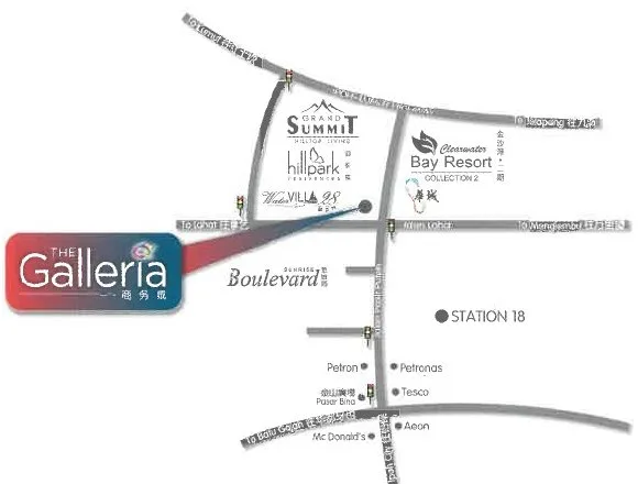 Developer location map of The Galleria on Jalan Lahat near Water Villa 28, Clearwater Bay Resort and Station 18, Waterfront City, Lahat, Ipoh, Perak