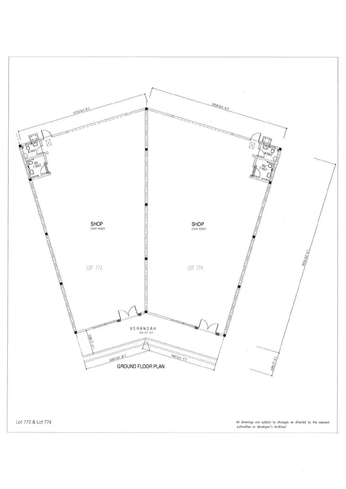 Combined floor plan of adjoining wedge shop lots 773 and 774 at the bend of The Galleria row, Waterfront City, Lahat, Ipoh, Perak