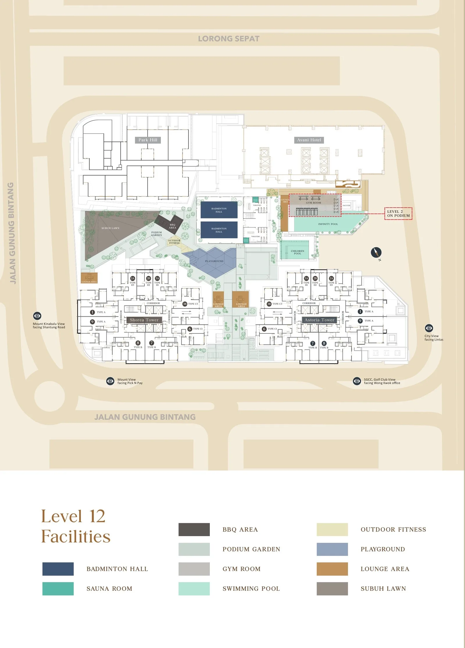 Level 12 facilities plan of Shorea and Astoria with the pool, badminton hall, playground and Subuh lawn, from the developer’s brochure at The Logg Shorea Tower, Luyang, Kota Kinabalu, Sabah