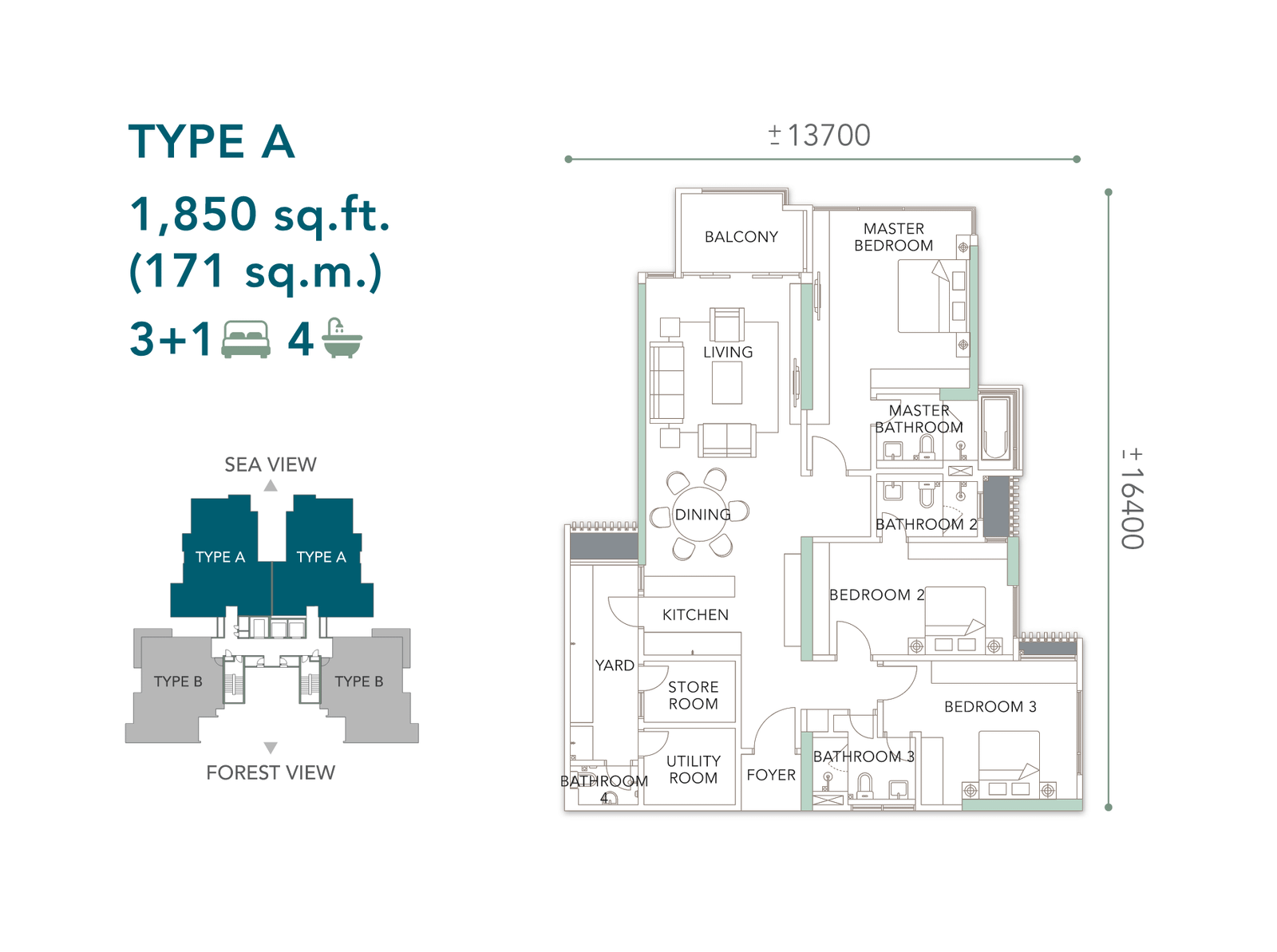 The Marin Type A floor plan — 1,850 sq ft, 3+1 bedrooms and four bathrooms, Batu Ferringhi, Penang