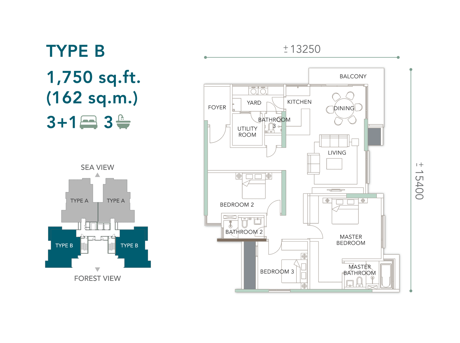 The Marin Type B floor plan — 1,750 sq ft, 3+1 bedrooms and three bathrooms, Batu Ferringhi, Penang