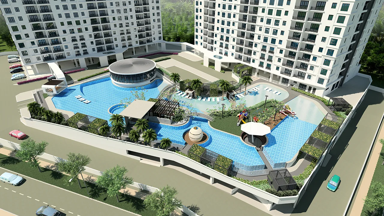 The Navens pool deck between the two blocks — artist's impression published by the developer, Bukit Mertajam, Penang