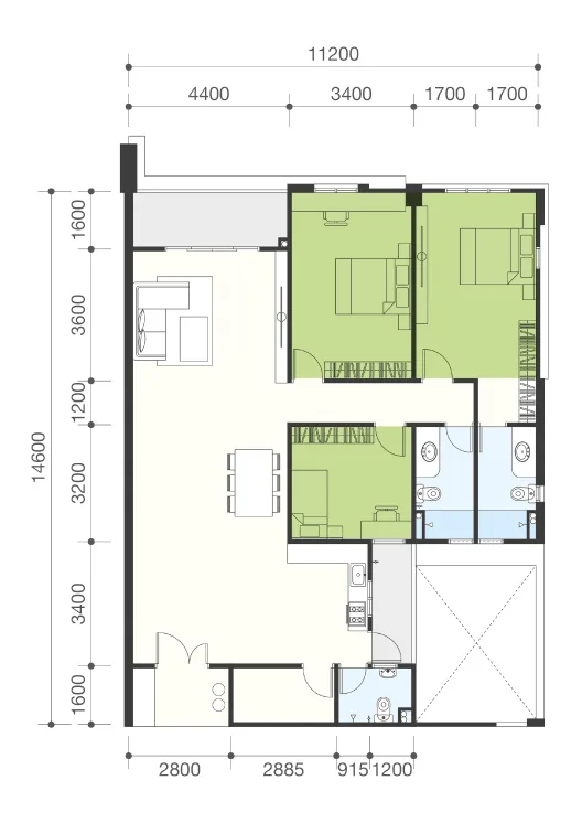 The Navens Type A floor plan — 1,577 sq ft, 3+1 bedrooms and three bathrooms, Bukit Mertajam, Penang