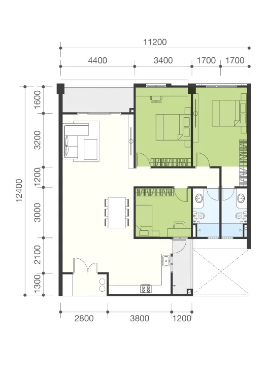 The Navens Type B floor plan — 1,370 sq ft, three bedrooms and two bathrooms, Bukit Mertajam, Penang