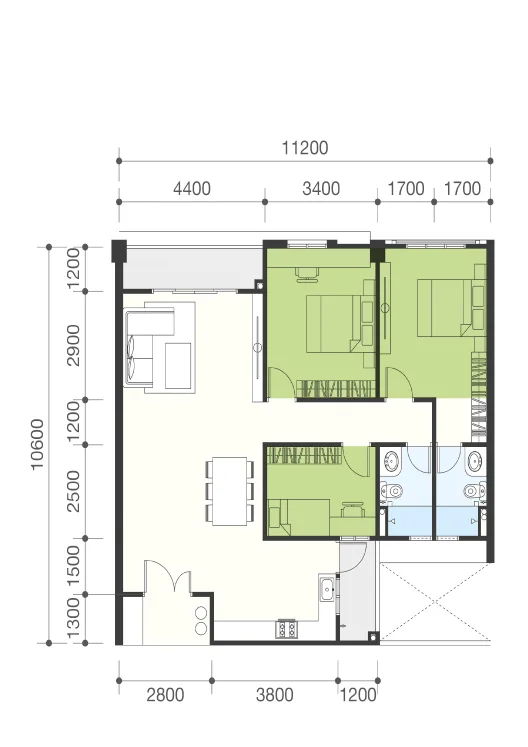 The Navens Type C floor plan — 1,175 sq ft, three bedrooms and two bathrooms, Bukit Mertajam, Penang