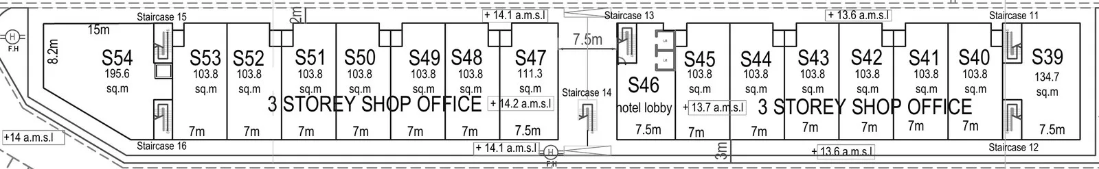 Development-plan strip of the three-storey shop-office row S39 to S54 at The North @ KKIP, Sepanggar, Kota Kinabalu, Sabah