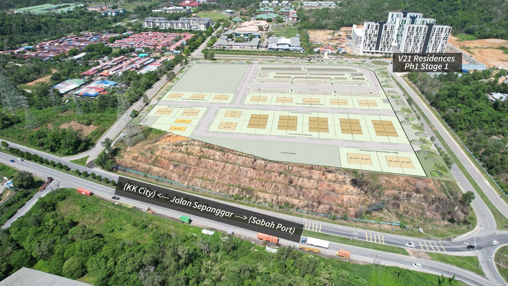 Aerial photo from the Jalan Sepanggar side, with Taman Sepanggar, Institut Kemahiran MARA and V21 Residences beyond, from the developer’s brochure at The North @ KKIP, Sepanggar, Kota Kinabalu, Sabah