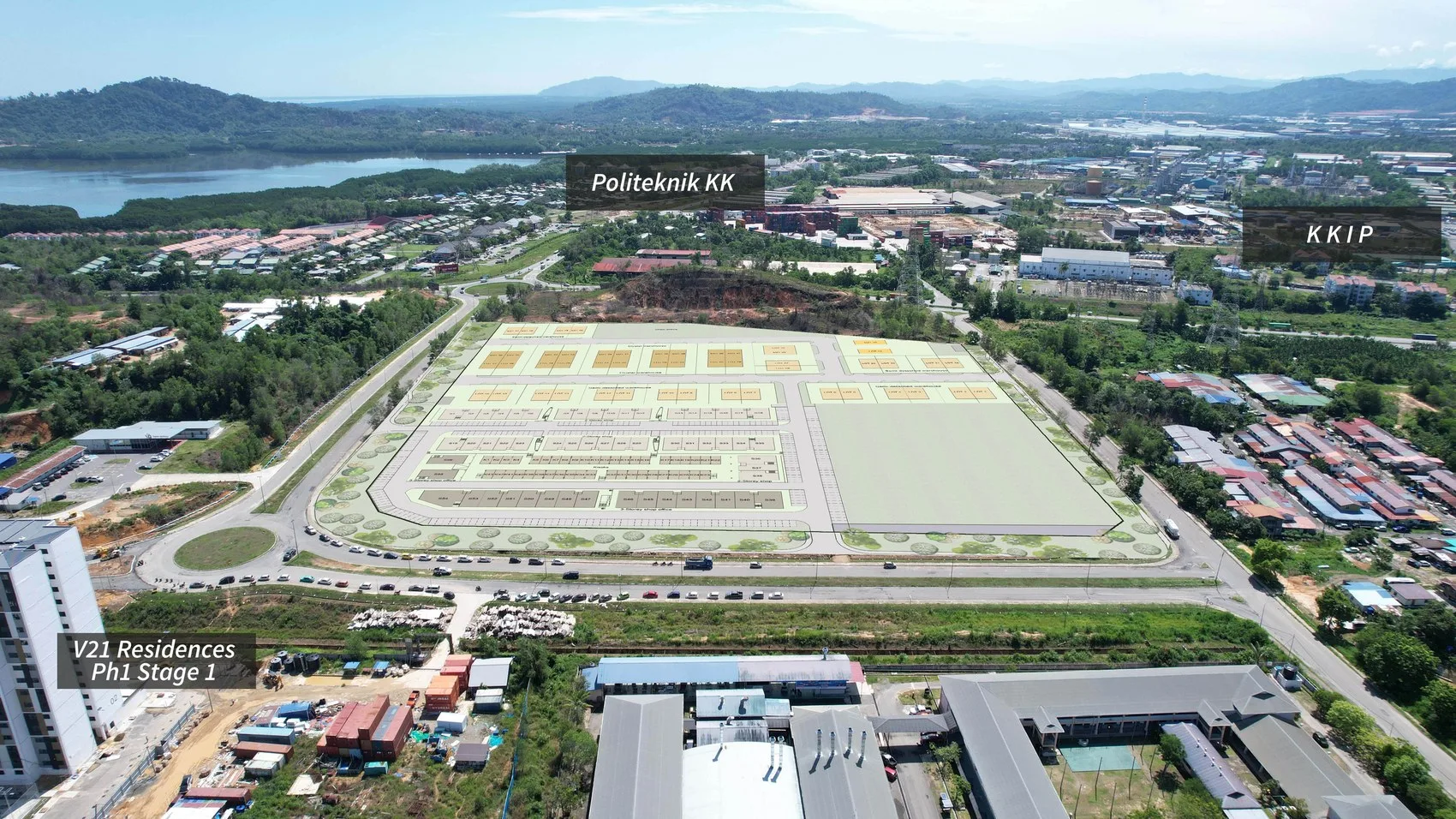 Aerial photo with the master plan overlaid, looking towards Politeknik KK and KKIP, from the developer’s brochure at The North @ KKIP, Sepanggar, Kota Kinabalu, Sabah
