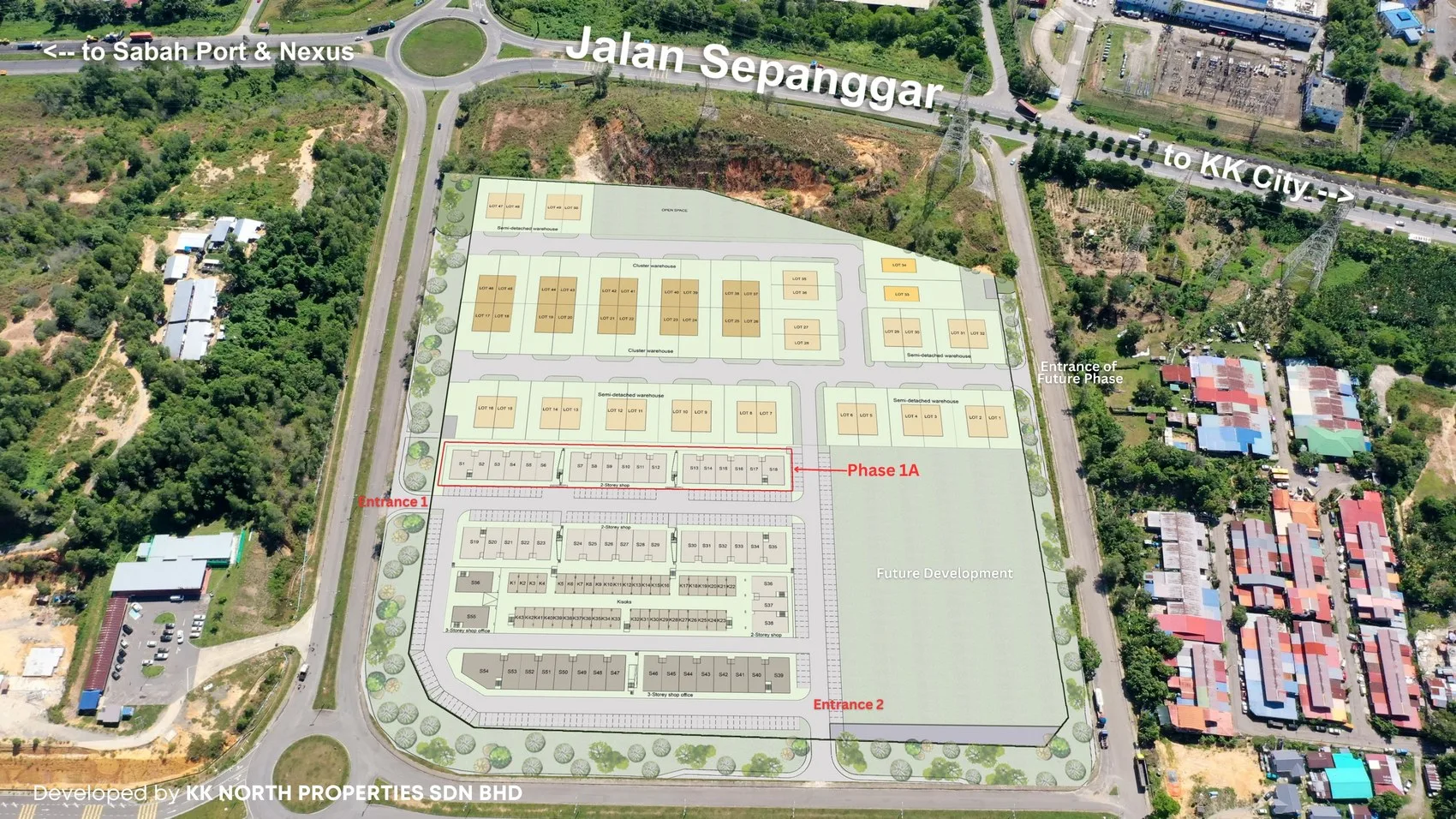 Aerial photo with the master plan overlaid: Jalan Sepanggar, the two entrances and Phase 1A outlined in red, from the developer’s brochure at The North @ KKIP, Sepanggar, Kota Kinabalu, Sabah